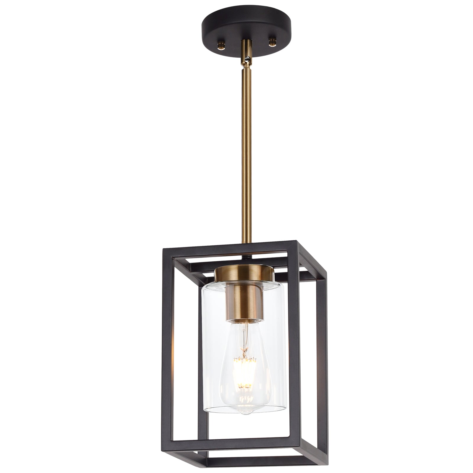 1-Light Interior Lantern Pendant Light,Black and Brushed Brass Finish Farmhouse Chandelier with Clear Glass Shade Foyer Cage Hanging Ceiling Lighting for Kitchen Island Dining Room Entryway