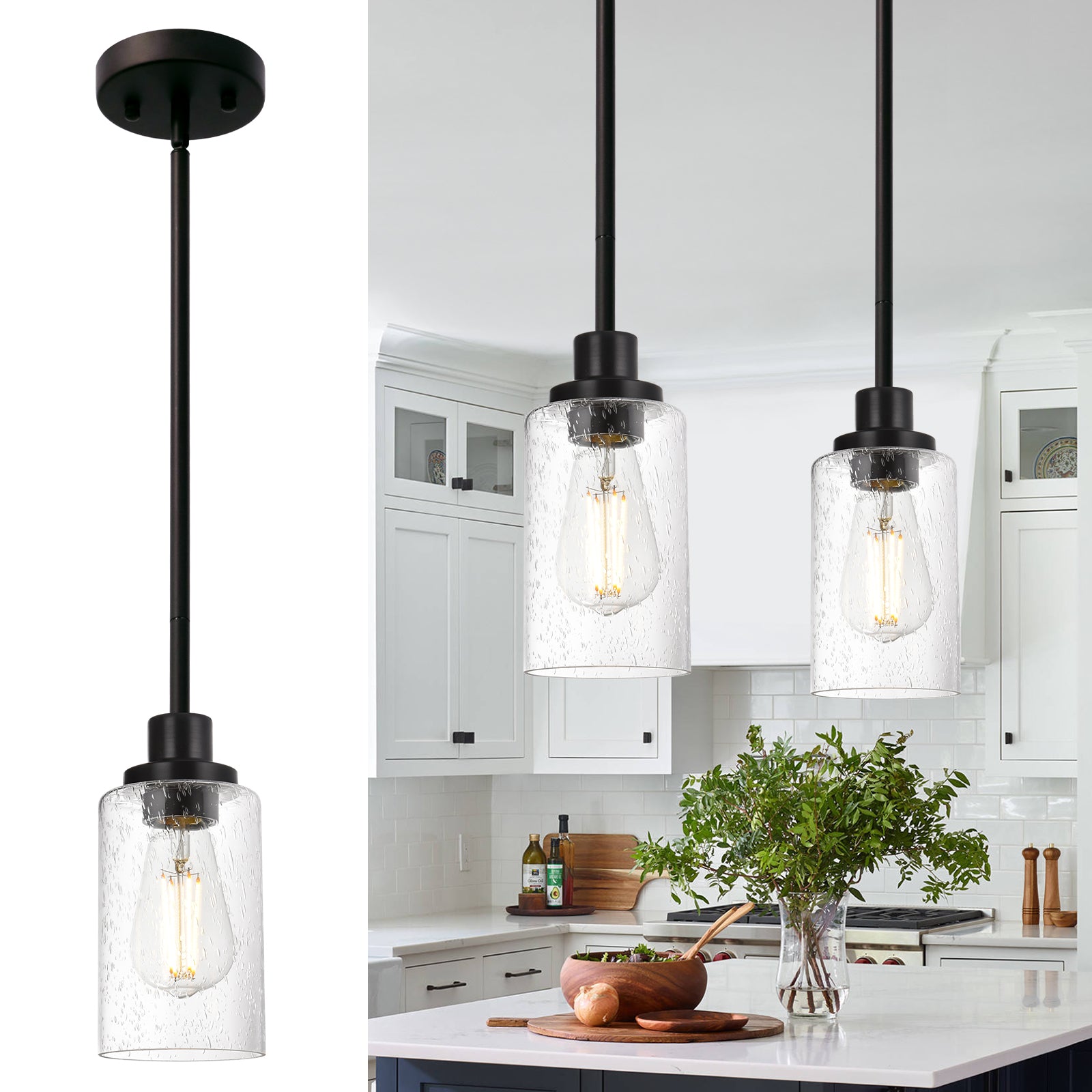 Pendant Light Fixture Black, 1-Light Modern Hanging Lighting Over Table, Adjustable Kitchen Island Lighting for Hallway Bedroom Office Bar