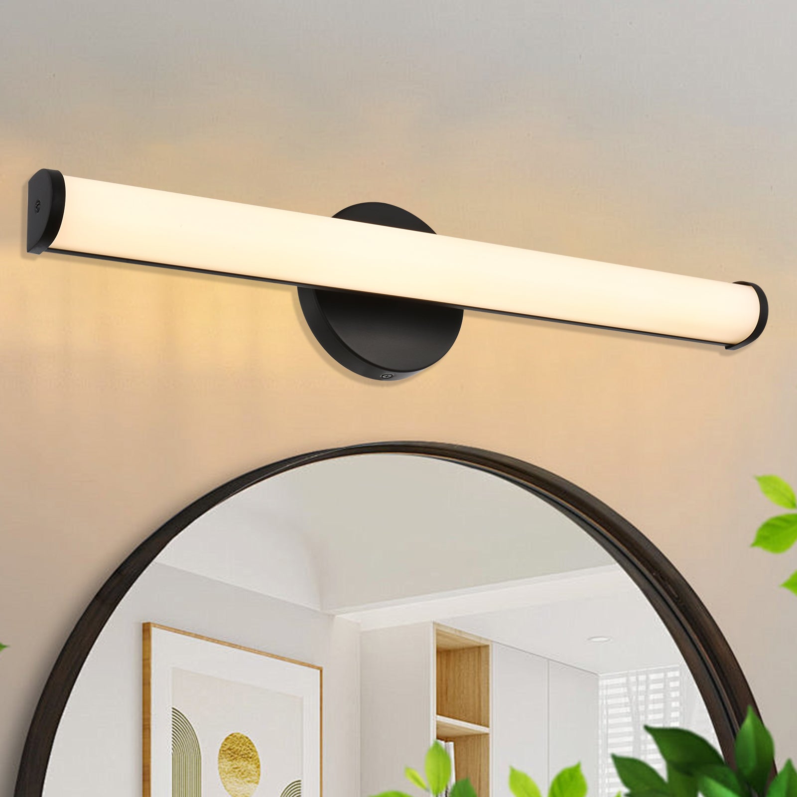 24-Inch Matte Black LED Vanity Light – 3000K Warm White, Frosted Acrylic Lampshade – Wall Mounted Bathroom Sconce for Mirror, Kitchen, Bedroom