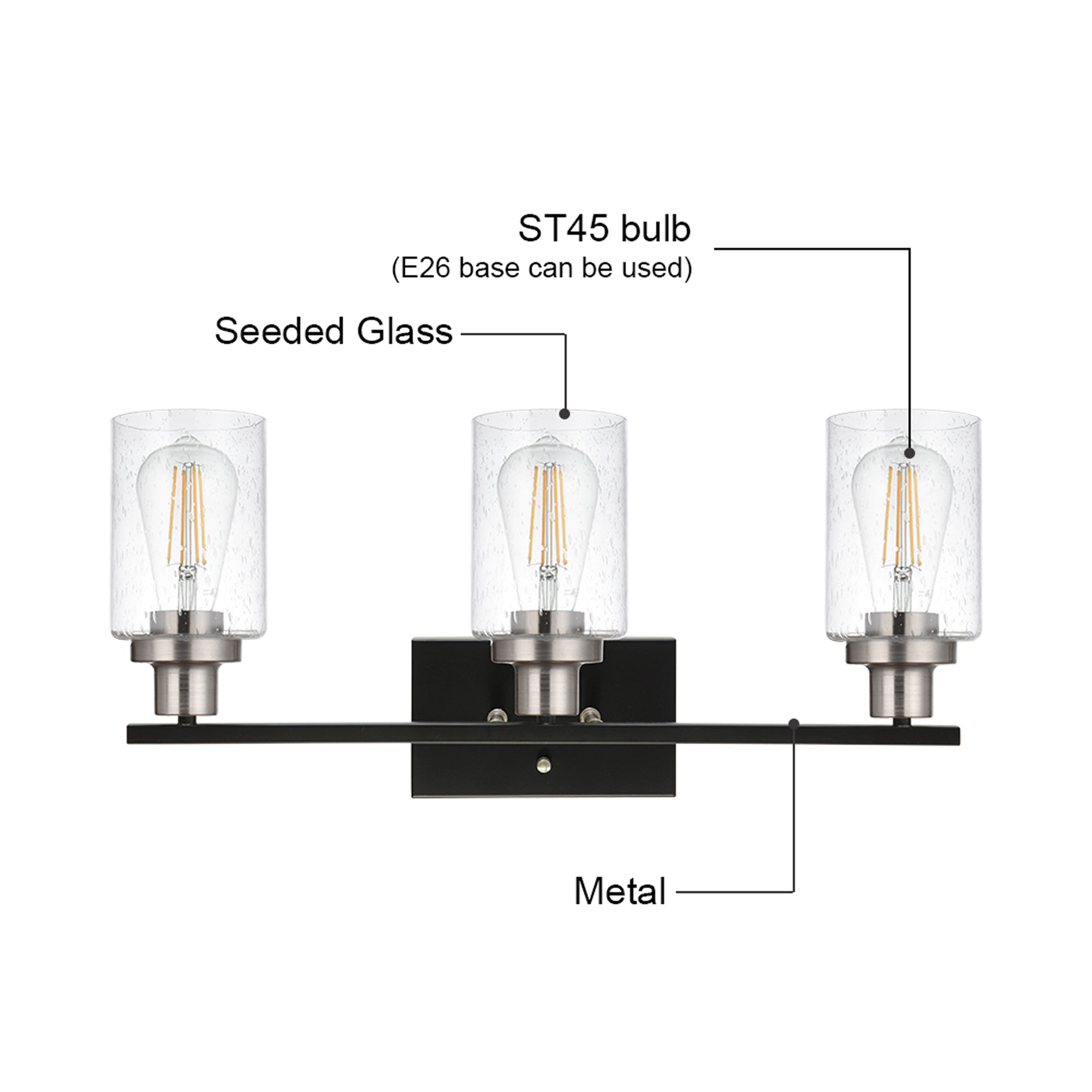3 Lights Vanity Lights for Bathroom 23.6 Inches, Wall Mounted Light Fixture Farmhouse Bathroom Light Fixtures with Seeded Glass Shade, Black and Brushed Nickel Finish