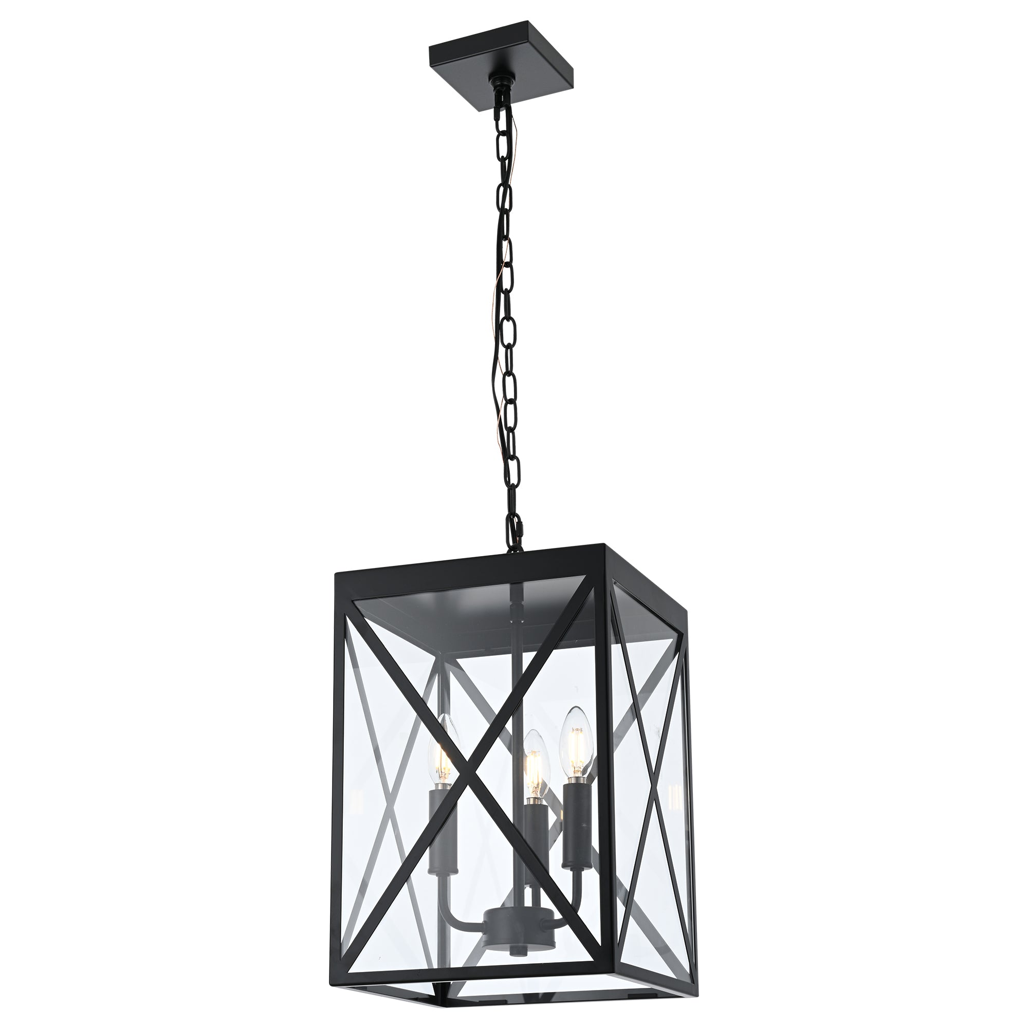 3-Light Outdoor Chandelier Lighting Black Indoor Lantern Pendant Light Exterior Ceiling Light Fixtures with Clear Glass for Patio Porch Entryway