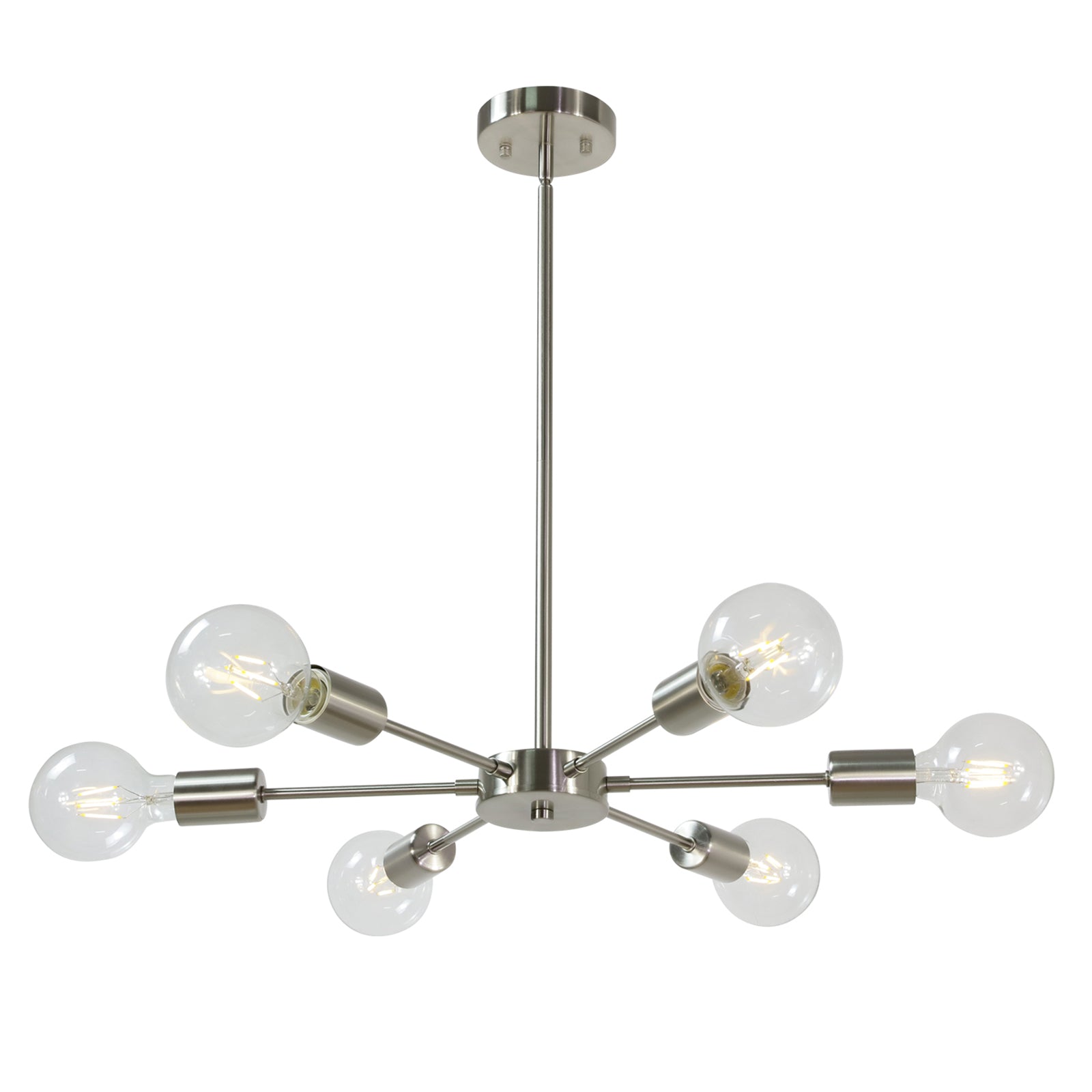 Modern Brushed Nickel Sputnik Chandelier – 6-Light Adjustable Ceiling Fixture for Vaulted Ceilings E26 Bulb Base