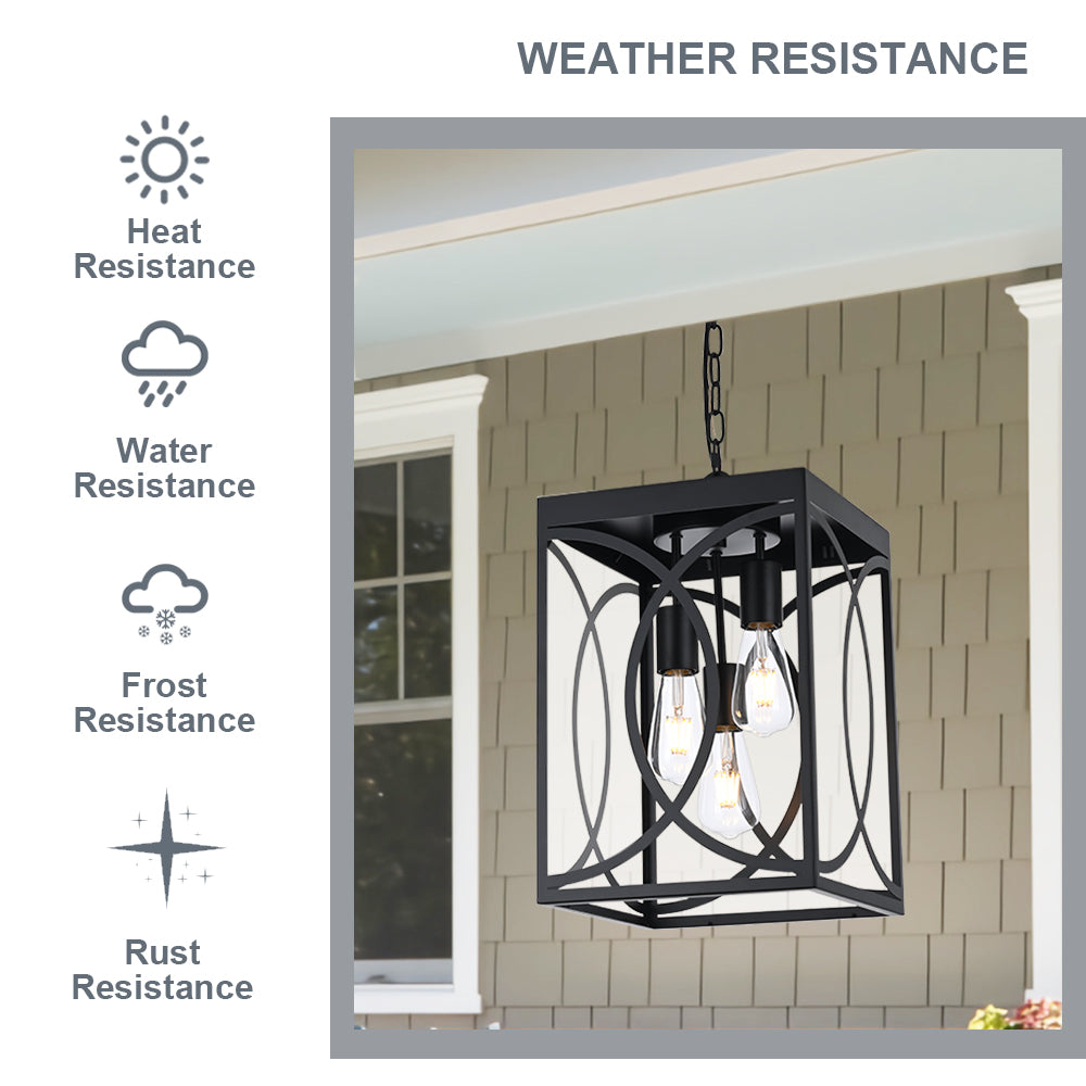 Outdoor Pendant Light Fixture, 3-Light Black Large Exterior Hanging Lantern with Clear Glass, Metal Outdoor Chandelier Porch Lighting for Front Porch Entrance