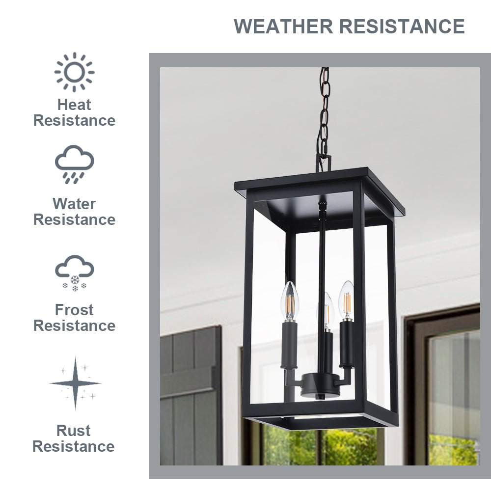Black Outdoor Pendant Lanern, E12 Candle Chandelier 3-Lights Large Exterior Hanging Light Fixture with Clear Glass Height Adjustable for Indoor Entryway Porch