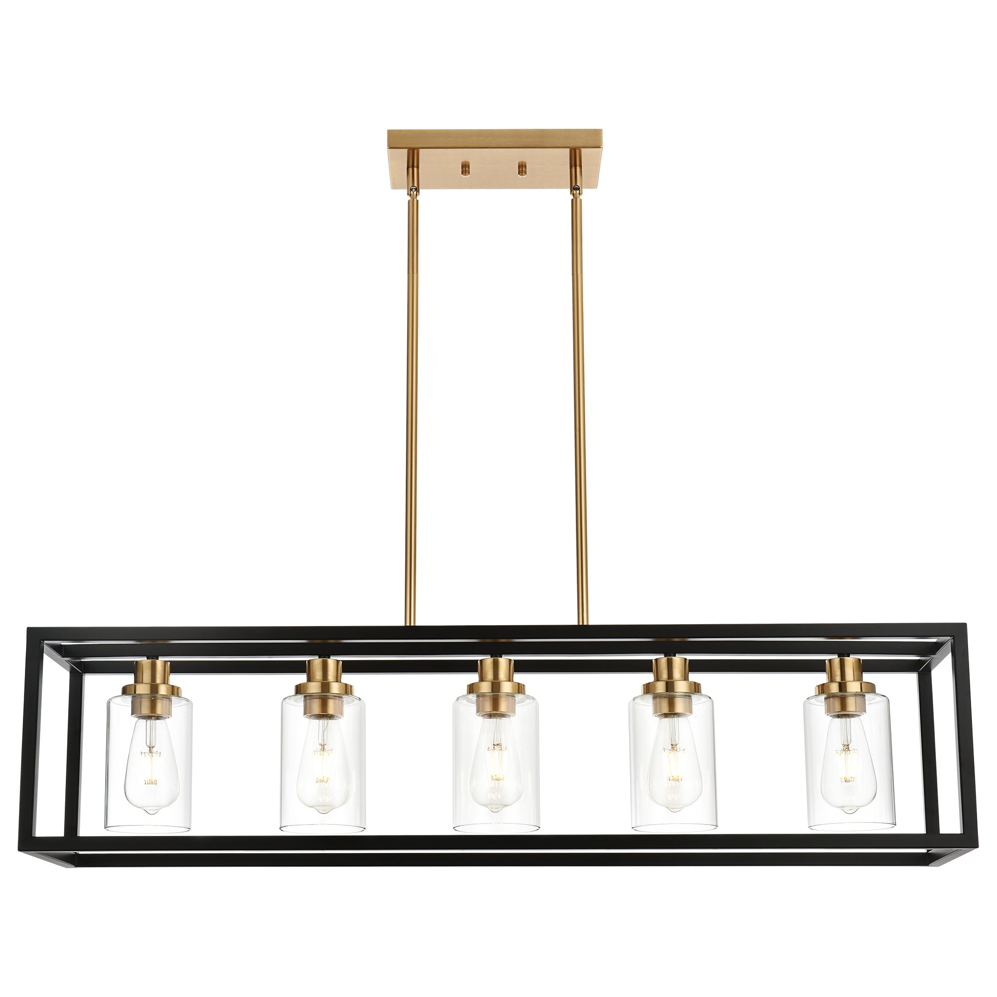 Black Chandeliers Rectangle 5 Lights Dining Room Lighting Fixtures Hanging Over Table, Kitchen Island Lighting Linear Pendant Light Ceiling with Clear Glass Shade and Brushed Brass Socket