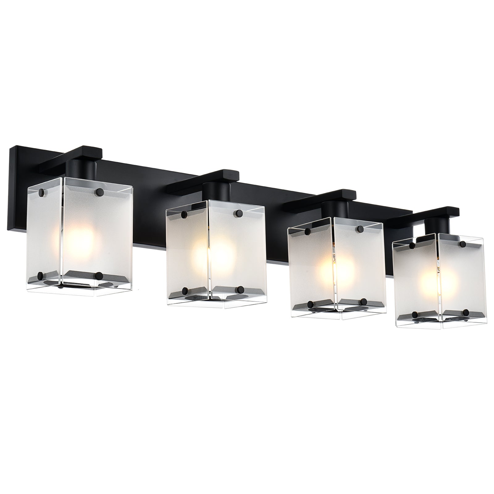 4-Lights Bathroom Vanity Lighting Over Mirror, Black Bathroom Wall Light Fixtures with Frosted Rectangular Glass Shade for Bath Living Room, E26 Bulb Base