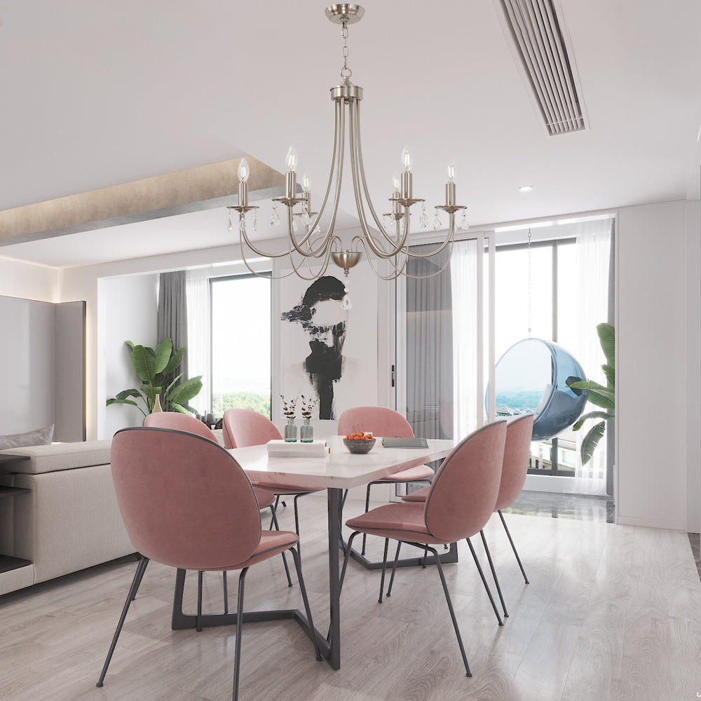 Brushed Nickel Chandeliers 6 Lights Crystal Chandelier Modern Candle Pendant Light Fixtures Elegant Ceiling Hanging Lights for Dining Room Living Room