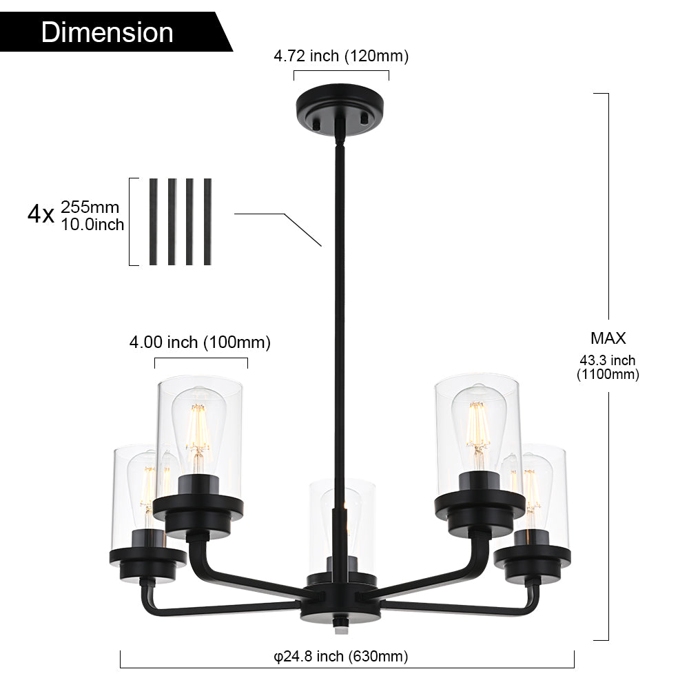 Classic Chandeliers for Dining Room with Clear Glass Shade, 5-Light Black Pendant Light Ceiling Light Fixtures Hanging for Entryway Living Room Bedroom, Semi Flush Mount