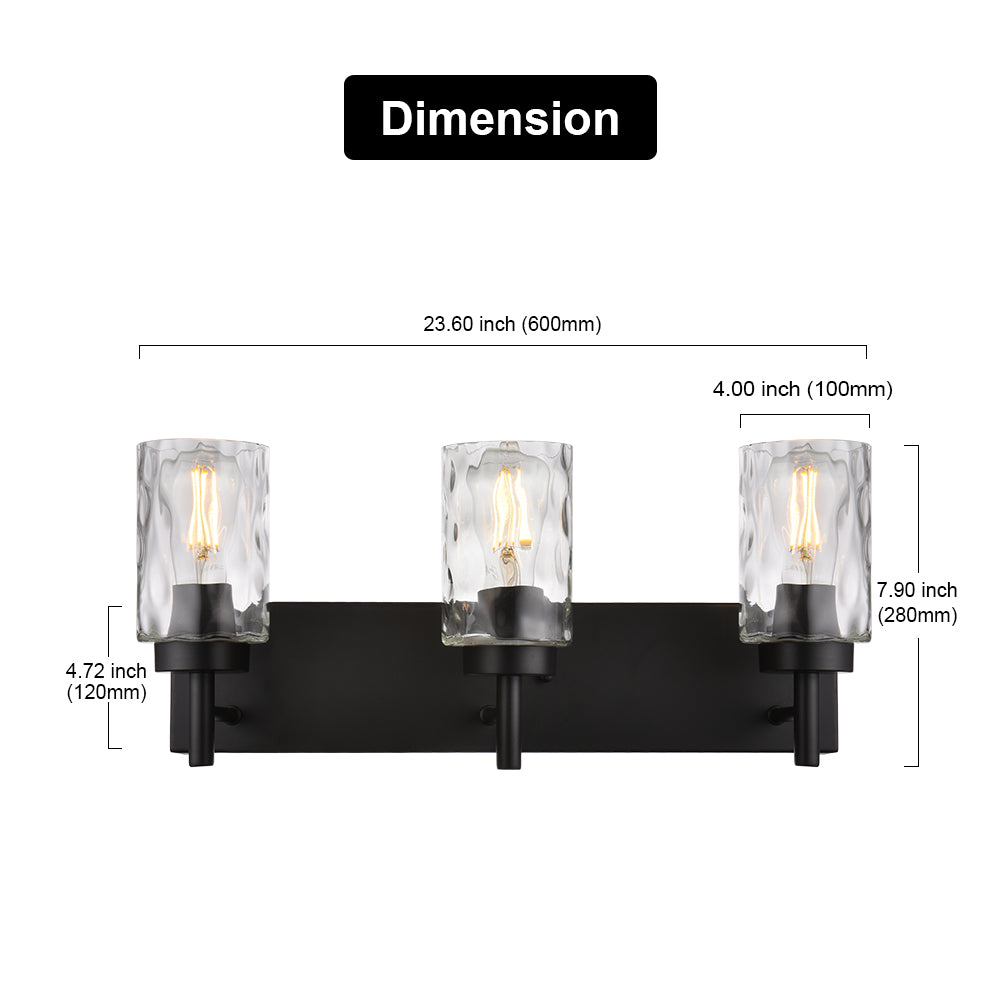 Vanity Light Fixtures 3 Light Modern Wall Sconces Lighting Black Bathroom Lights Wall Mounted with Hammered Glass Shade,Farmhouse Wall Light for Mirror Cabinets, Powder Room, Dressing Table