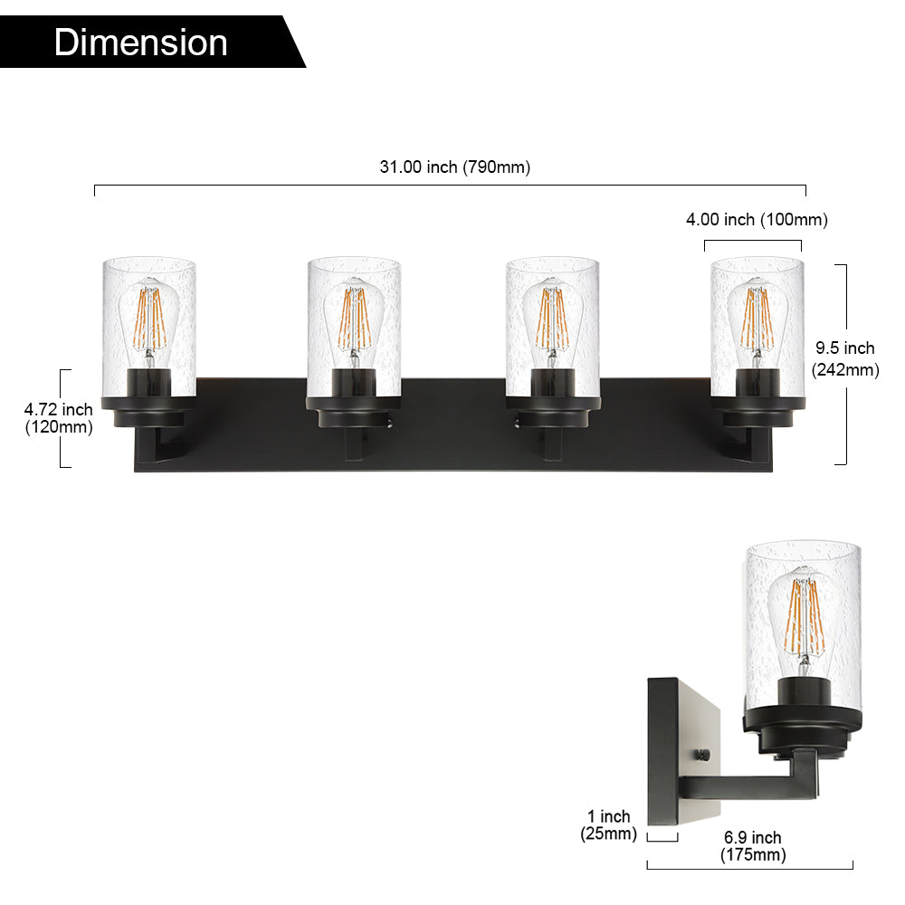 Bathroom Vanity Light, 4-Light Modern Wall Mount Light Fixture Black, Farmhouse Bath Lighting Over Mirror with Seeded Glass Shade for Powder Room Living Room Kitchen, 31.0 Inches Length