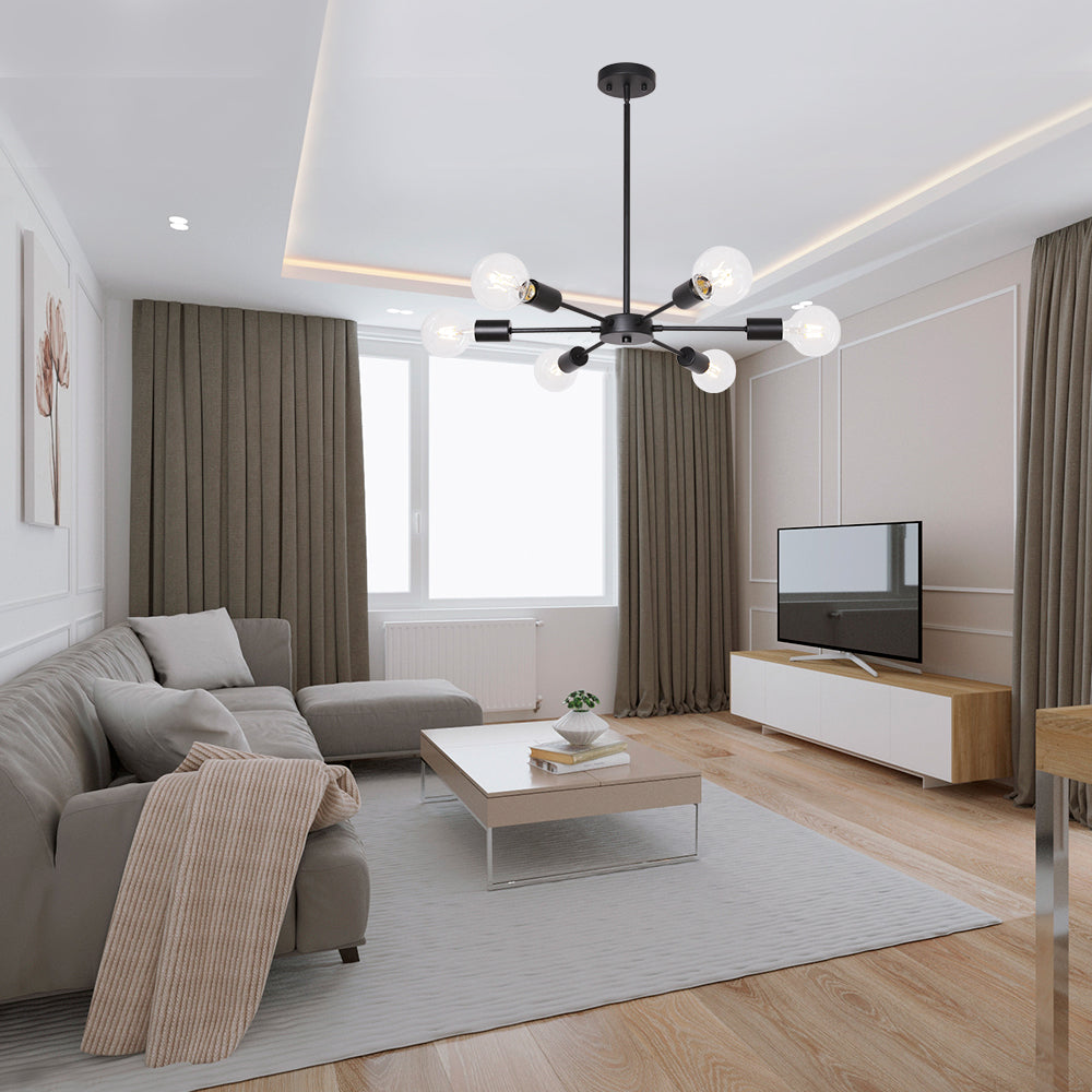 Modern Sputnik Chandelier – 6-Light Adjustable Ceiling Fixture for Vaulted Ceilings E26 Bulb Base