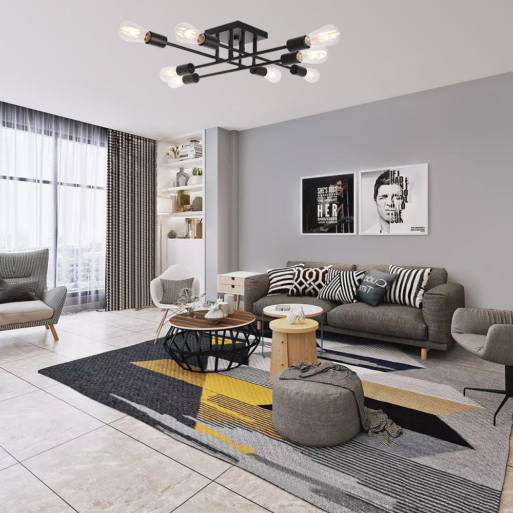 Modern Sputnik Ceiling Light – Black 6-light Flush Mount Lighting for Bathroom Elegance