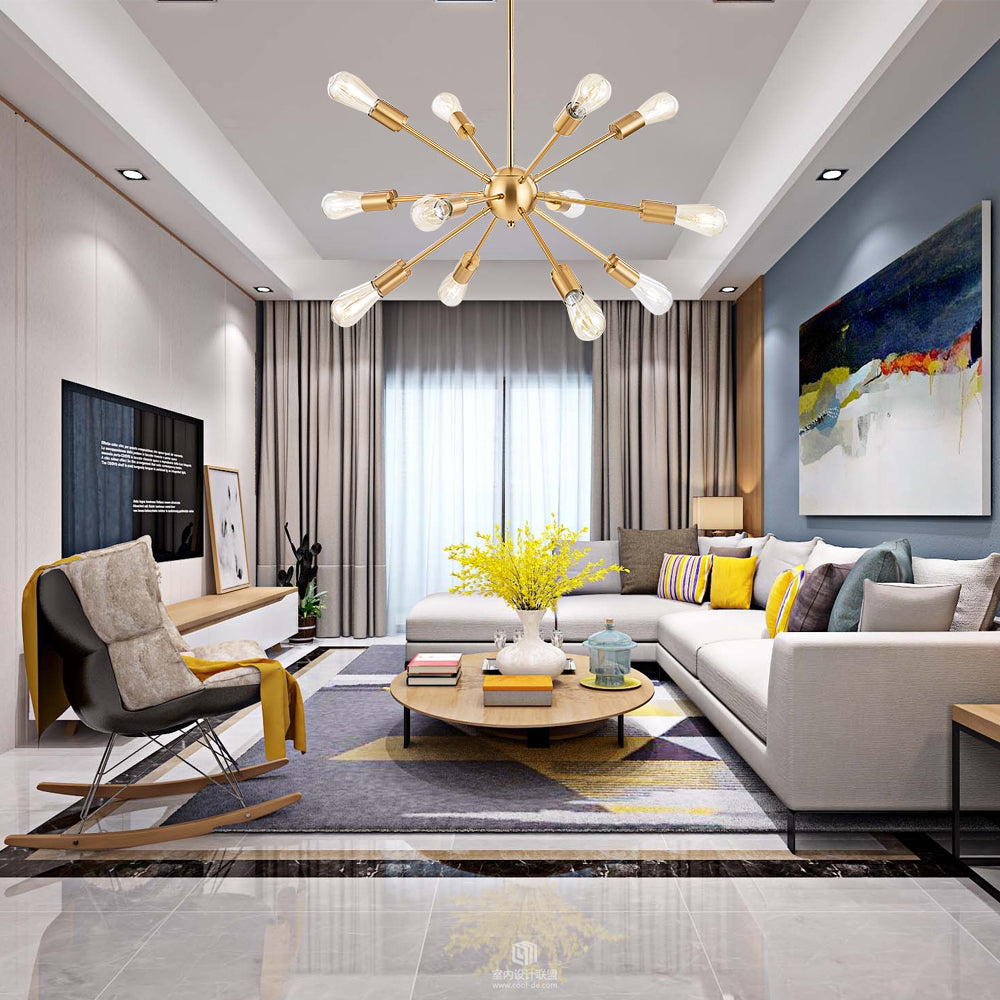 Brass Sputnik Ceiling Light – Multi-Directional 12-Light Chandelier with Customizable Height Kitchen Island Hanging Lights for dining rooms entryways