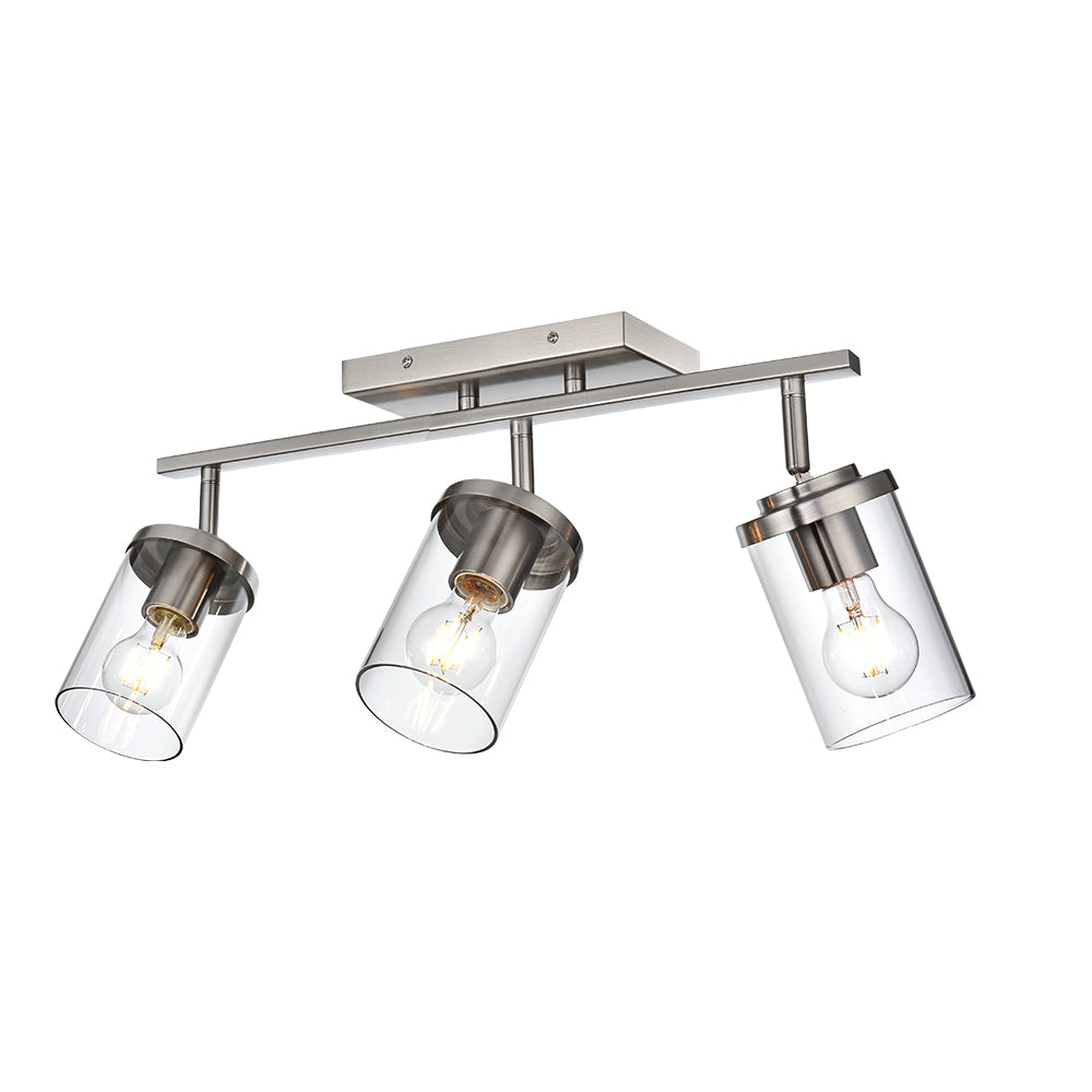Brushed Nickel Adjustable Track Light Fixture – Modern 3-light Clear Glass Shade Vanity Track Lights with Flexible Heads Wall Mounted