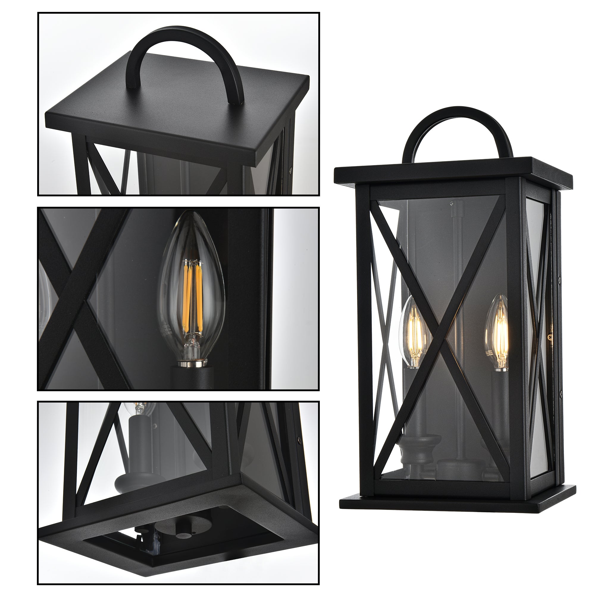 2-Light Exterior Light Fixtures Outdoor Wall Lantern Wall Mount in Black Finish Waterproof Wall Sconce with Clear Glass for Porch Front Door Patio Yard Garage