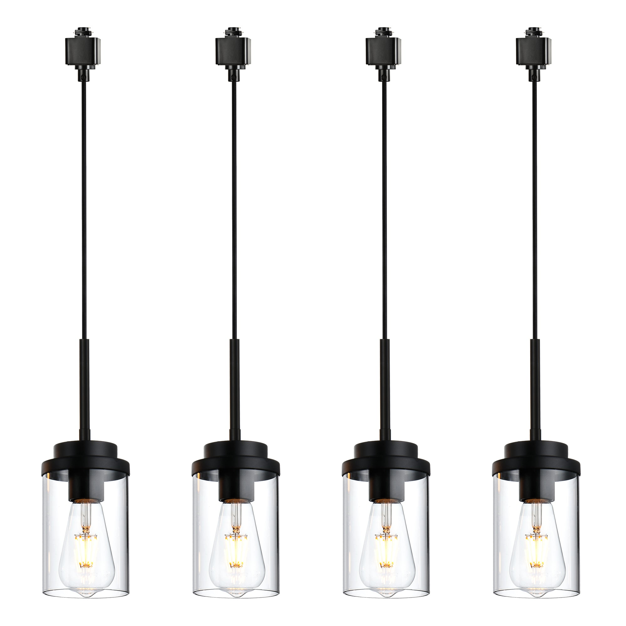 4 Pack Track Pendant Lights, H-Type Clear Glass Shade with E26 Base, Industrial Vintage Ceiling Hanging Light Fixture for Kitchen Island, Dining Room, Bar (Black, No Track Included)
