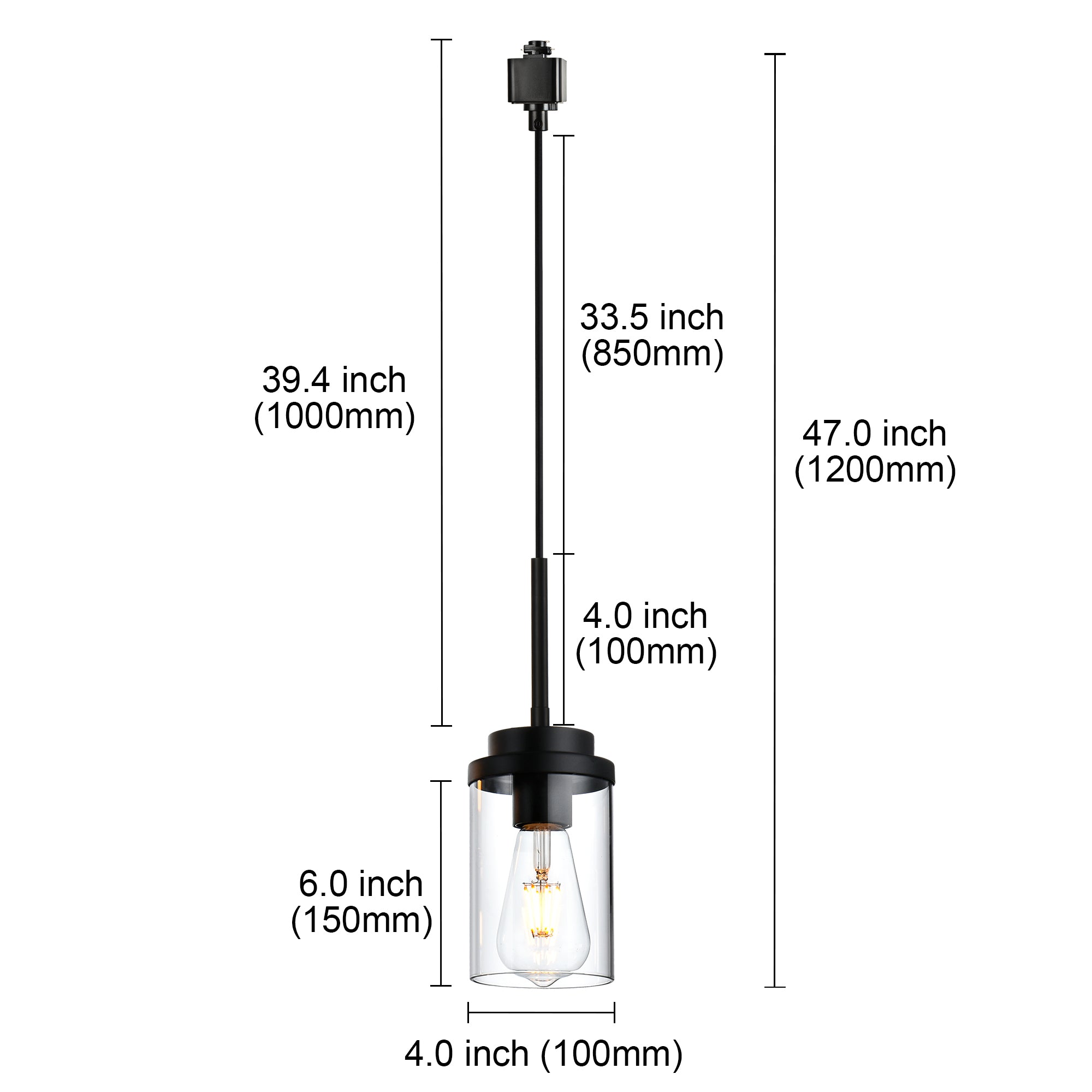 4 Pack Track Pendant Lights, H-Type Clear Glass Shade with E26 Base, Industrial Vintage Ceiling Hanging Light Fixture for Kitchen Island, Dining Room, Bar (Black, No Track Included)