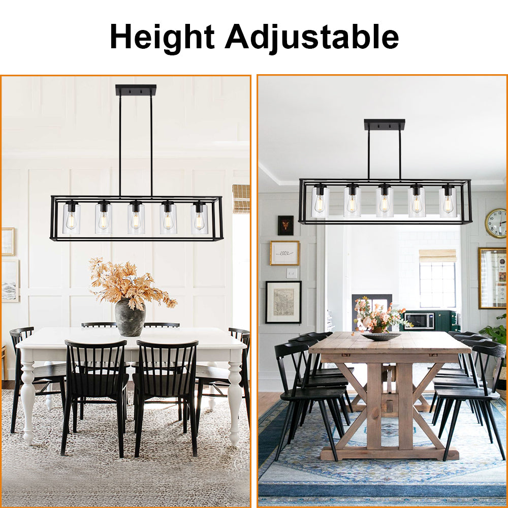 Farmhouse Chandeliers Rectangle Black 5 Light Dining Room Lighting Fixtures Hanging, Kitchen Island Cage Pendant Lights Contemporary Modern Ceiling Light with Glass Shade Adjustable Rods