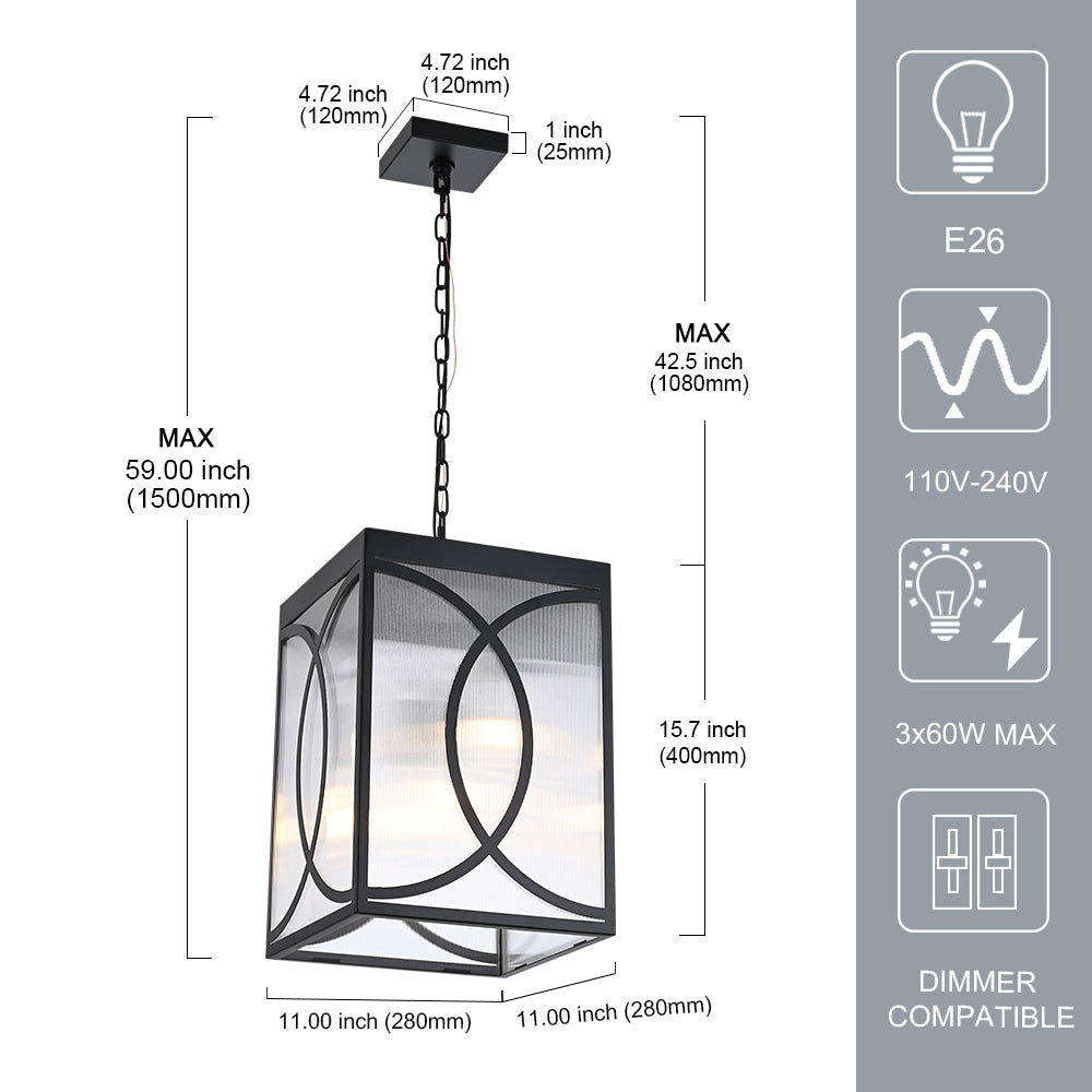 Outdoor Pendant Light, 3-Lights Exterior Porch Hanging Ceiling Lighting Outdoor Chandelier with Clear Ribber Glass for Entryway Patio Doorway Hallway