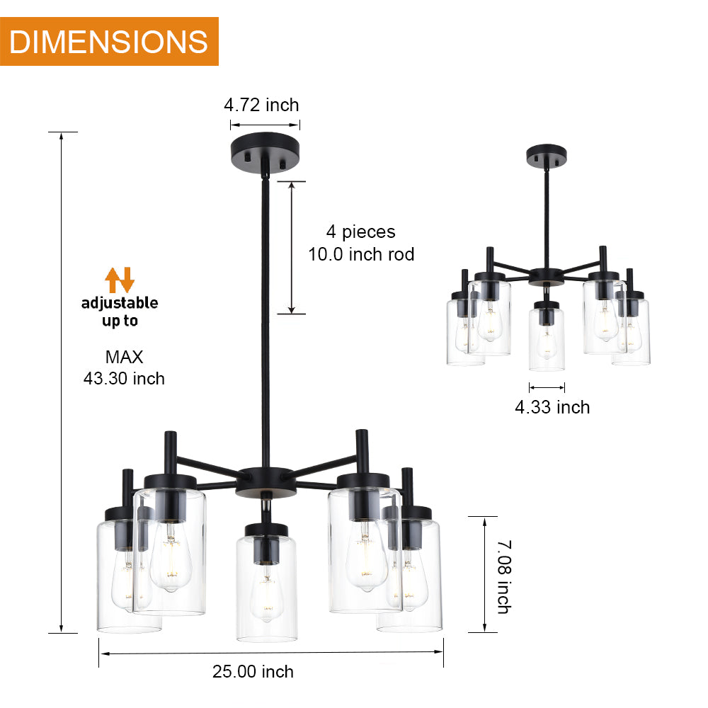 Contemporary 5-Light Large Chandeliers Oil Rubbed Bronze Modern Lighting Fixtures Hanging Clear Glass Shades Pendant Lighting for Dining Room Living Room Kitchen