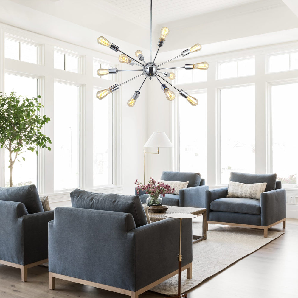 Chrome Sputnik Ceiling Light – Multi-Directional 12-Light Chandelier with Customizable Height Kitchen Island Hanging Lights for dining rooms entryways