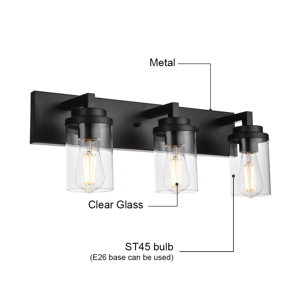 Vintage Bathroom Lighting Fixtures Over Mirror, 3-Light Modern Vanity Lights Black Finish Industrial Wall Sconce with Clear Glass Shade