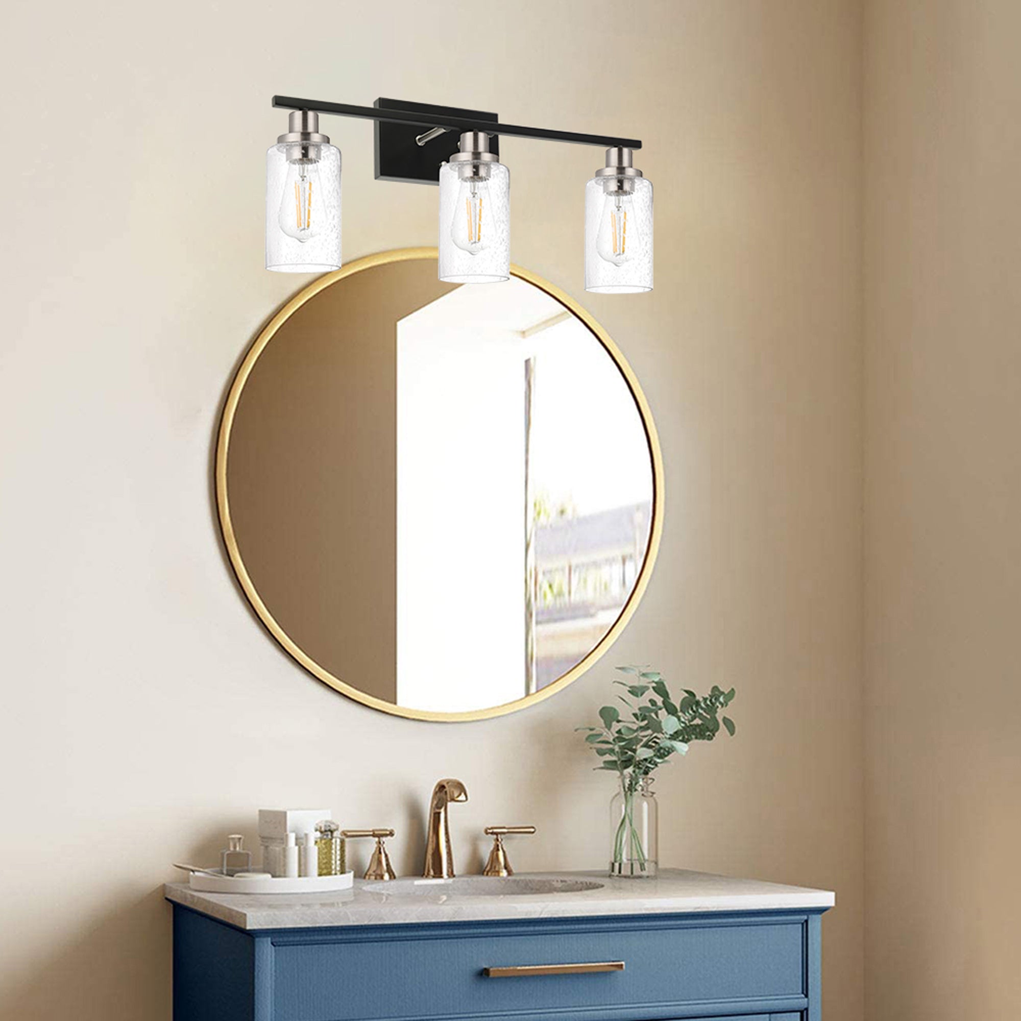 3 Lights Vanity Lights for Bathroom 23.6 Inches, Wall Mounted Light Fixture Farmhouse Bathroom Light Fixtures with Seeded Glass Shade, Black and Brushed Nickel Finish