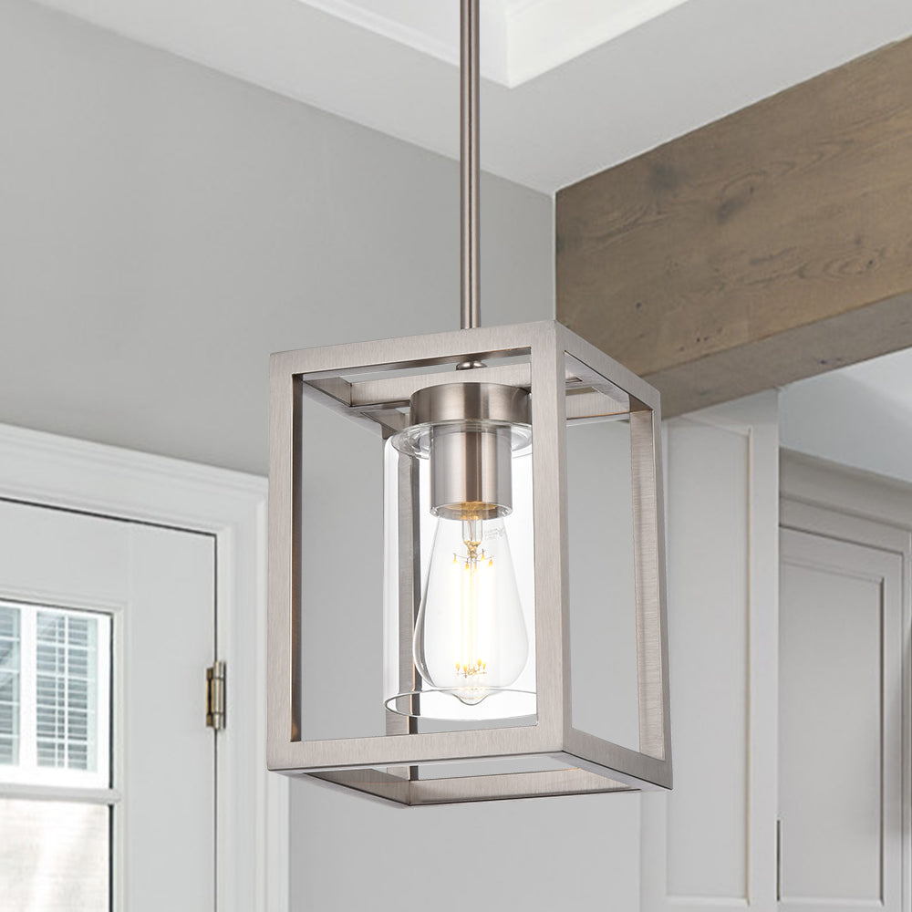 Contemporary Pendant Lighting,Single 1 Light Brushed Nickel Cage Hanging Light with Clear Glass Shade for Kitchen Island Entryway Dining Room Hallway Porch