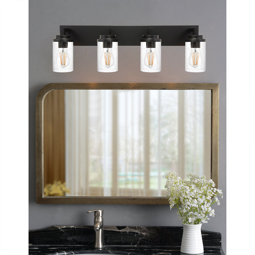 Bathroom Vanity Light, 4-Light Modern Wall Mount Light Fixture Black, Farmhouse Bath Lighting Over Mirror with Seeded Glass Shade for Powder Room Living Room Kitchen, 31.0 Inches Length