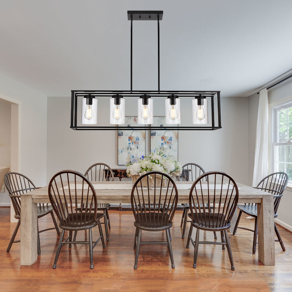 Farmhouse Chandeliers Rectangle Black 5 Light Dining Room Lighting Fixtures Hanging, Kitchen Island Cage Pendant Lights Contemporary Modern Ceiling Light with Glass Shade Adjustable Rods