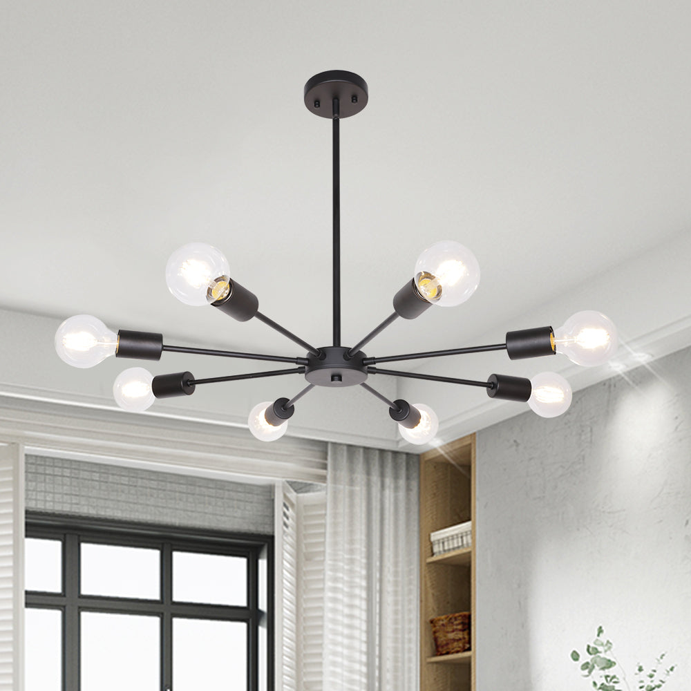 Mid-Century Sputnik Chandelier – Black Durable Metal Finish for Sloped Ceilings 8 Adjustable Lights