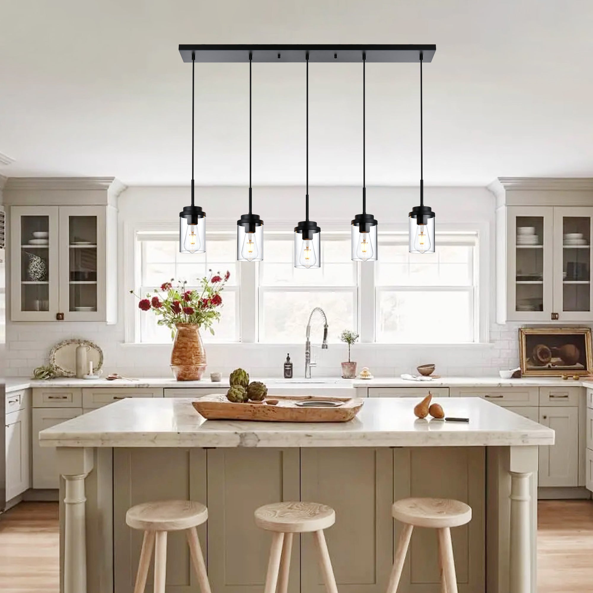 Kitchen Island Lighting Modern 5 Lights Linear Chandeliers for Dining Room, Industrial Black Pendant Light Fixtures Ceiling Hanging with Clear Glass Shade, 40.1 Inches Length