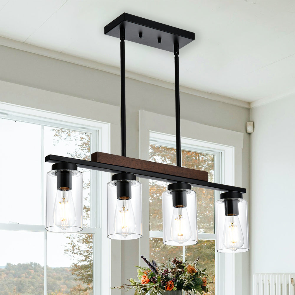 4-Lights Farmhouse Pendant Lights Fixtures Ceiling Hanging, Modern Black Kitchen Island Lighting with Clear Glass Lampshades & Wood Frame