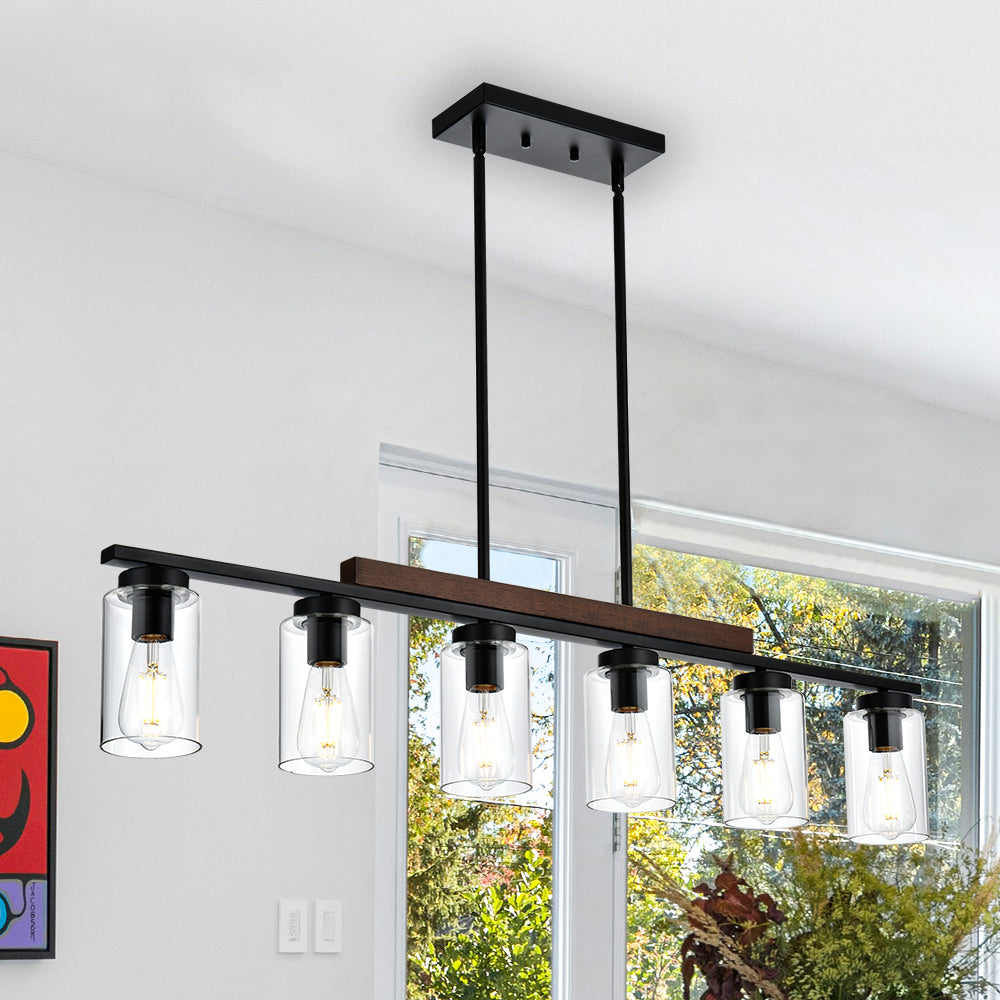 Kitchen Island Lighting, 6-Lights Black Dining Room Light Fixtures Over Table, Farmhouse Linear Chandelier with Clear Glass Shades & Wood Frame