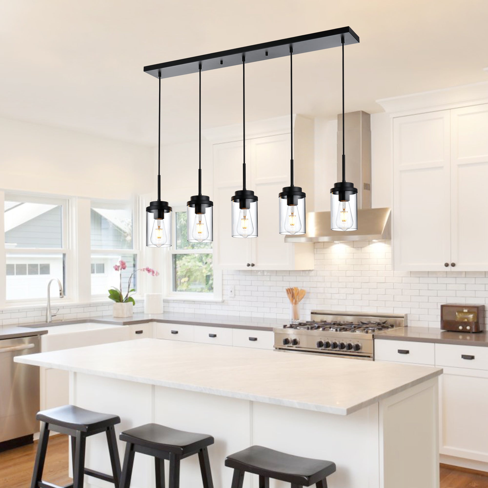 Kitchen Island Lighting Modern 5 Lights Linear Chandeliers for Dining Room, Industrial Black Pendant Light Fixtures Ceiling Hanging with Clear Glass Shade, 40.1 Inches Length
