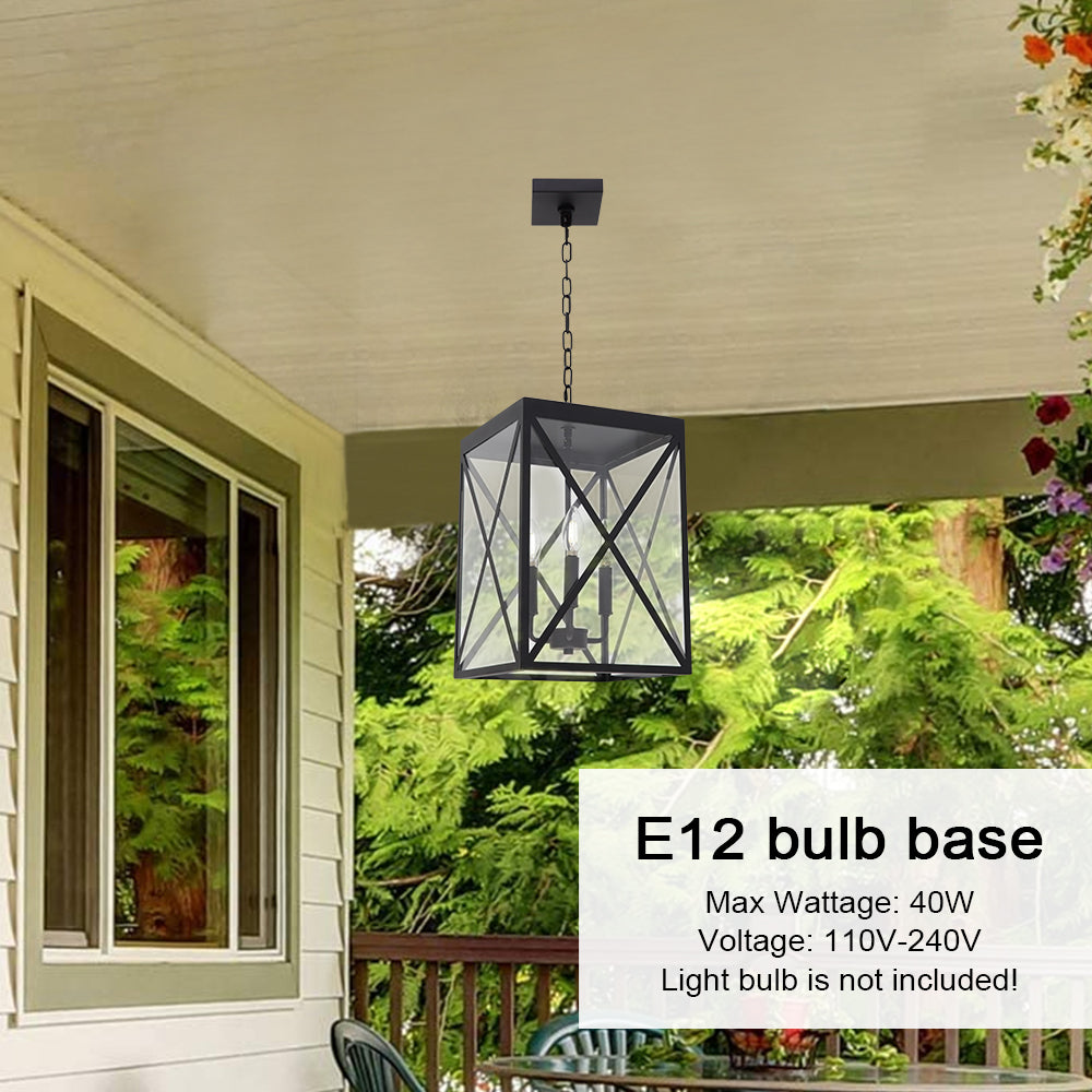 3-Light Outdoor Chandelier Lighting Black Indoor Lantern Pendant Light Exterior Ceiling Light Fixtures with Clear Glass for Patio Porch Entryway