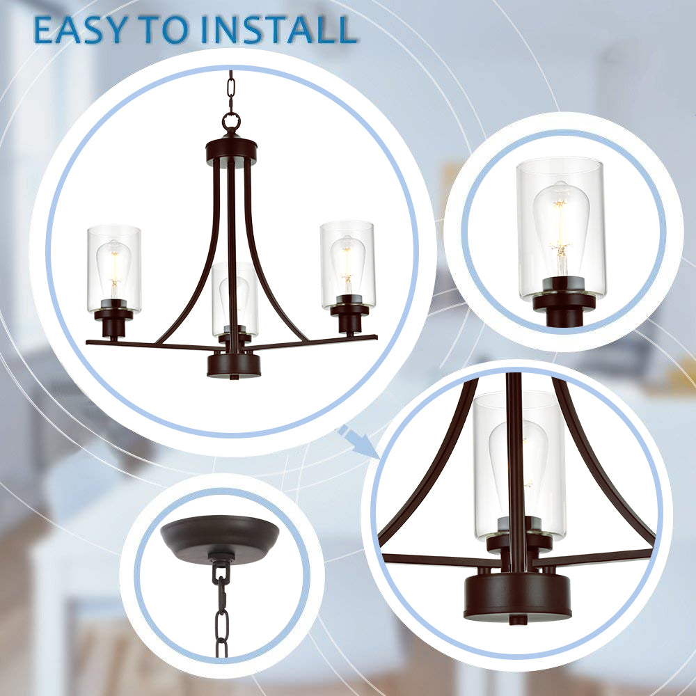 3 Lights Oil-Rubbed Bronze Traditional Chandelier Rustic Kitchen Island Lighting Fixtures Hanging Clear Glass Cylinder Pendant Lights Classic Ceiling Light for Dining Room Bedroom Foyer