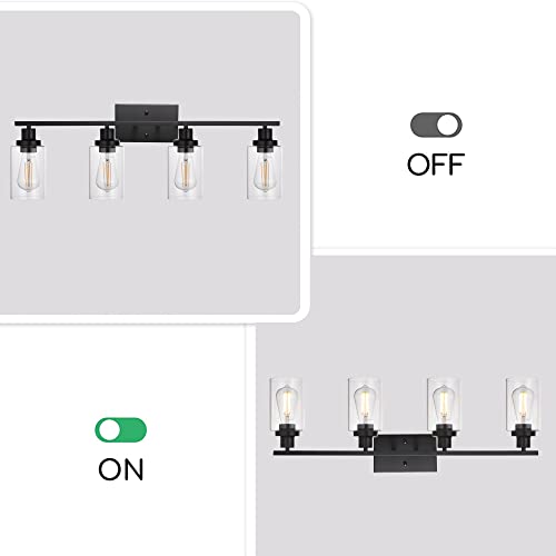 4 Lights Sconces Wall Lighting Black with Clear Glass Shade, Industrial Bathroom Light Fixtures Vanity Lights Porch Light Fixtures Wall Mount