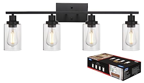4 Lights Sconces Wall Lighting Black with Clear Glass Shade, Industrial Bathroom Light Fixtures Vanity Lights Porch Light Fixtures Wall Mount