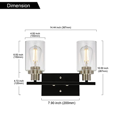 Modern Bathroom Light Fixtures 2-Light Matte Black Vanity Light with Clear Glass Shade for Stair Entryway Hallway, Brushed Nickel Socket