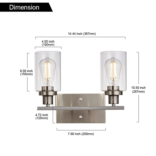 Metal Wall Lights with Clear Glass Shade 2 Heads Bathroom Light Fixtures Brushed Nickel Modern Vanity Lights Sconces for Hallway Bedroom Kitchen