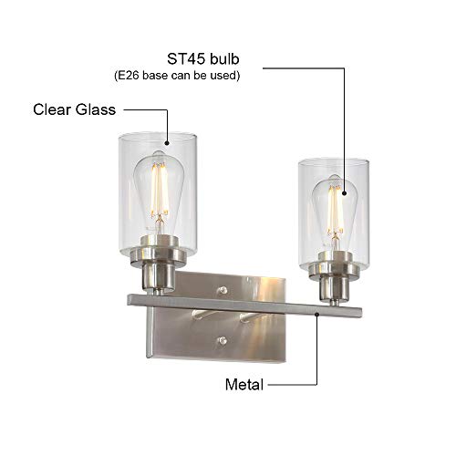 Metal Wall Lights with Clear Glass Shade 2 Heads Bathroom Light Fixtures Brushed Nickel Modern Vanity Lights Sconces for Hallway Bedroom Kitchen