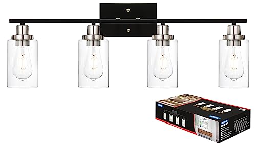 4-Light Modern Vanity Lights with Clear Glass Shade, Black Bathroom Lighting Fixtures Over Mirror Brushed Nickel Wall Mount Lamp for Bedroom Vanity Table Mirror Cabinets