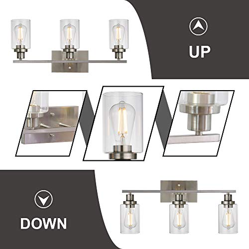 3 Lights Wall Sconce Brushed Nickel Finished Modern Bathroom Vanity Light Fixtures with Clear Glass Shade Suit for Porch Bedroom Foyer Kitchen
