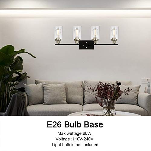 4-Light Modern Vanity Lights with Clear Glass Shade, Black Bathroom Lighting Fixtures Over Mirror Brushed Nickel Wall Mount Lamp for Bedroom Vanity Table Mirror Cabinets