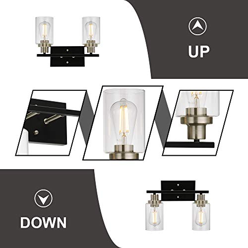 Modern Bathroom Light Fixtures 2-Light Matte Black Vanity Light with Clear Glass Shade for Stair Entryway Hallway, Brushed Nickel Socket