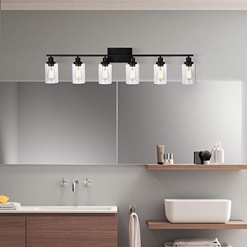 Black Vanity Light Fixture 6-Light Industrial Metal Wall Sconce Bathroom Lighting for Bedroom Hallway Kitchen, Clear Glass Shade Included