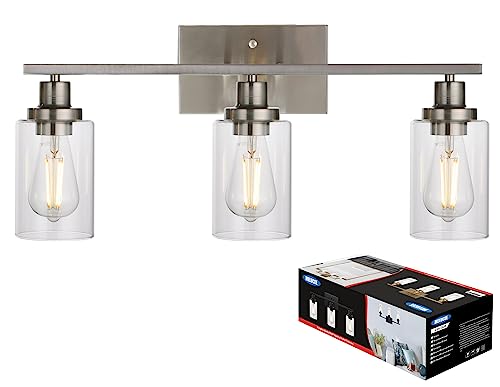 3 Lights Wall Sconce Brushed Nickel Finished Modern Bathroom Vanity Light Fixtures with Clear Glass Shade Suit for Porch Bedroom Foyer Kitchen
