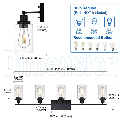 40 Inches Length 5-Light Bathroom Vanity Light Fixtures Black Industrial Wall Sconce Lighting with Clear Glass Shade for Living Room Bedroom Hallway Kitchen