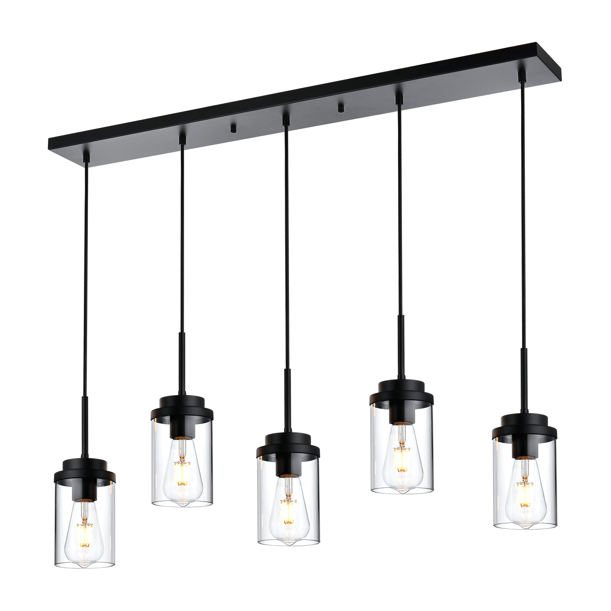 Kitchen Island Lighting Modern 5 Lights Linear Chandeliers for Dining Room, Industrial Black Pendant Light Fixtures Ceiling Hanging with Clear Glass Shade, 40.1 Inches Length